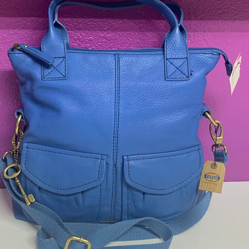 Fossil Modern Cargo Blue Pebbled Leather Convertible Tote Bag Crossbody Handbag